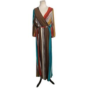 Carole Christian brown orange striped 3/4 sleeves belted boho maxi dress size L